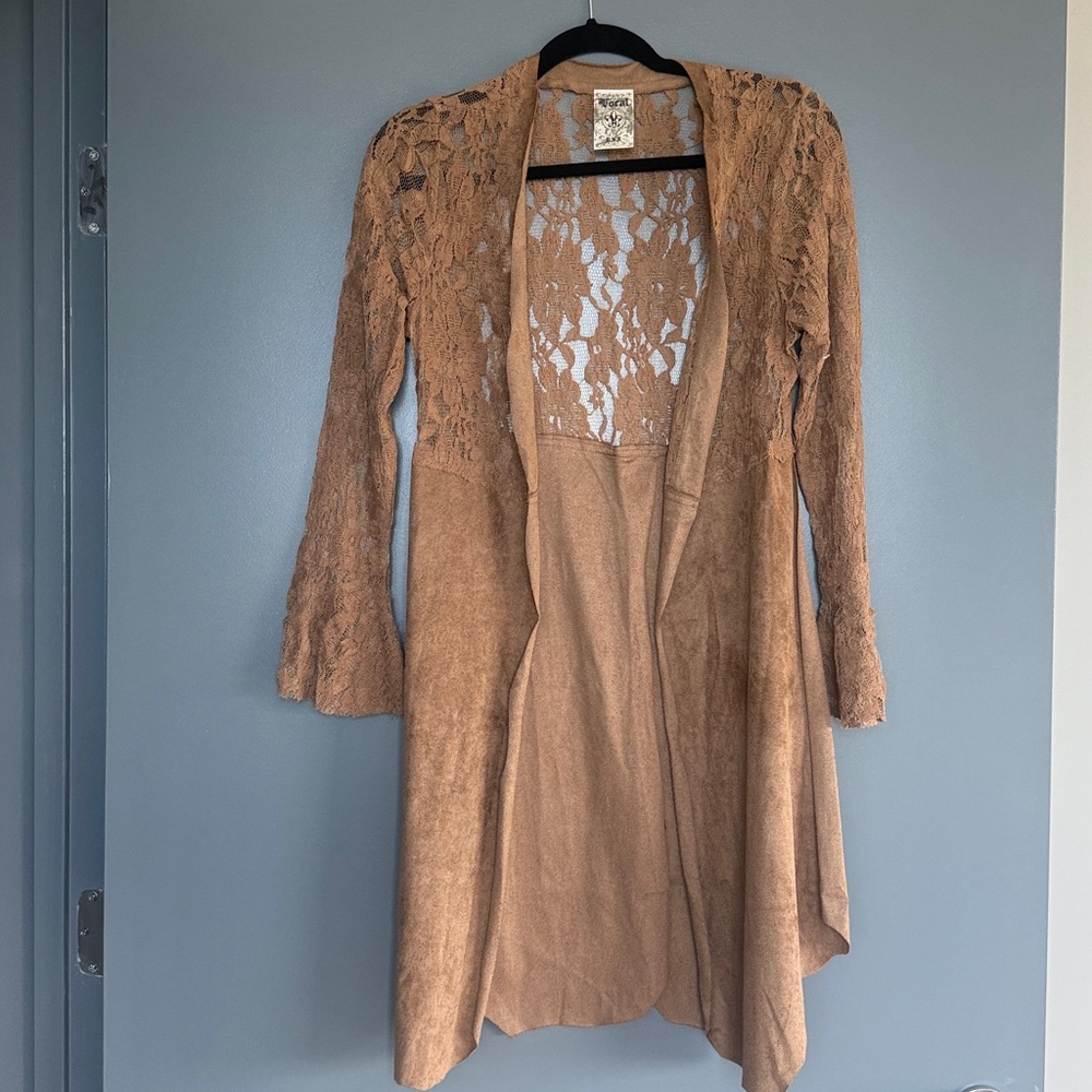 NWOT Brown Lace & faux suede Long Cardigan
